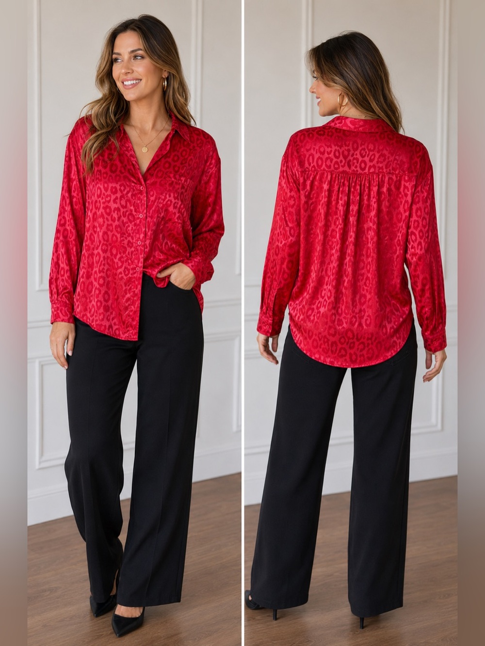 Umgee Red Leopard Print Button Down Top NWT